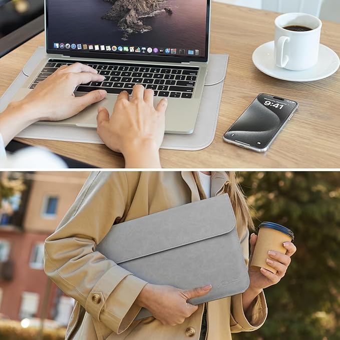 Allinside 13 Inch Laptop Sleeve Case for MacBook Air 13 2018-2025/MacBook Pro 13 2016-2022/Macbook Pro 14 2021-2024, Waterproof PU Leather Horizontal Envelope Protective Case Cover, Gray