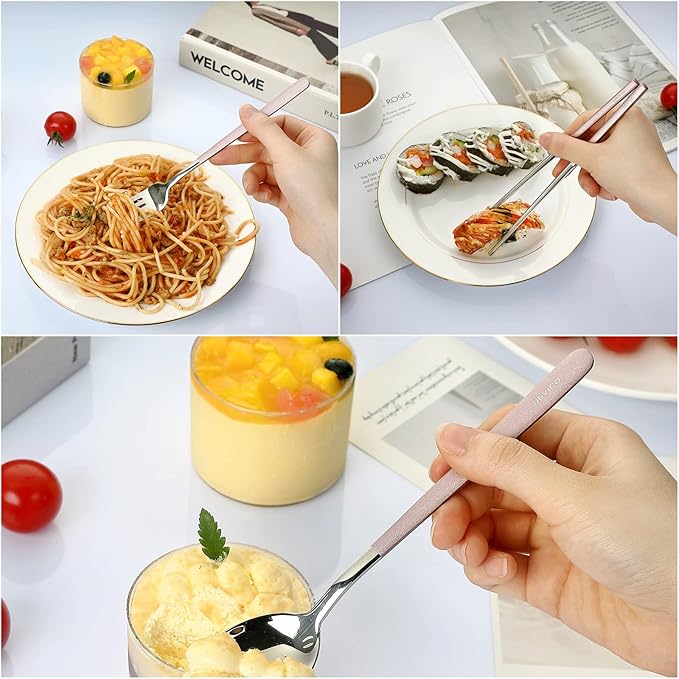 DEVICO Portable Travel Utensils with Case, Reusable Camping Silverware for Lunch, 18/8 Stainless Steel Cutlery Set (Pink)