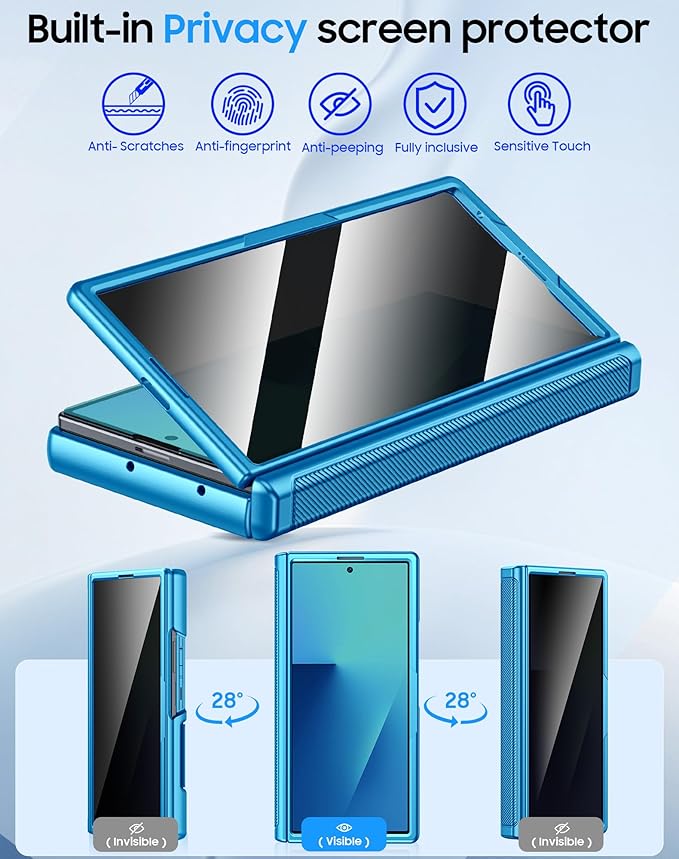 for Samsung Galaxy Z Fold 7 Case with Card Holder RFID Blocking [Privacy Screen Protector ] [Slide Lens Cover] [Hinge Protection] Shockproof Protective Phone Wallet Case for Z Fold 7 (Lake Blue)