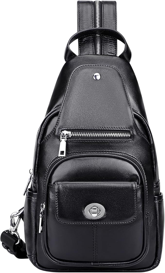 Over Earth Genuine Leather Sling Bag for Women Men Crossbody Backpack Small Chest Bags(O212E Classic Black)