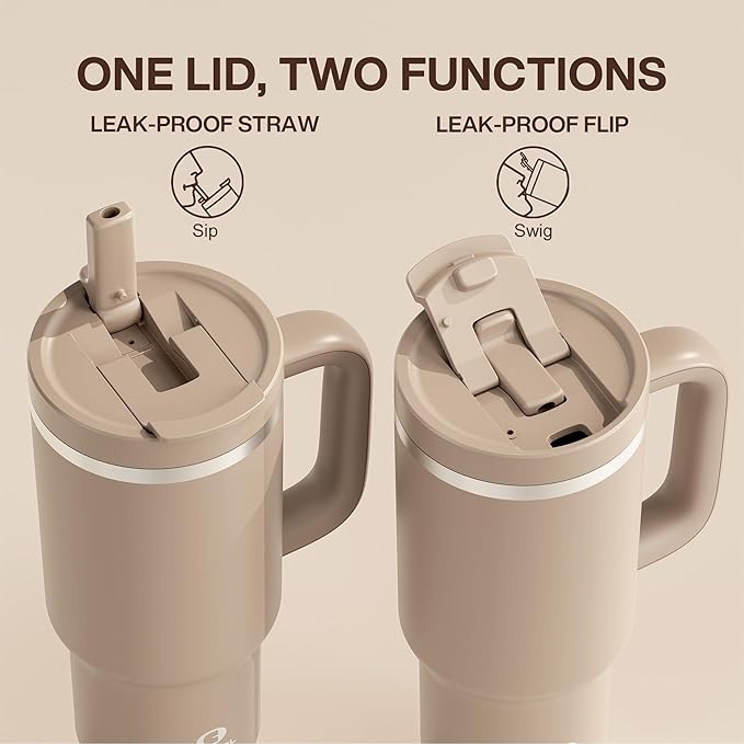 32 oz Tumbler with Handle and Straw: Stainless Steel Insulated Tumbler Keeps Cold for 24 Hours, Leakproof Travel Cup Fits in Cup Holder and BPA-Free, Raw Umber