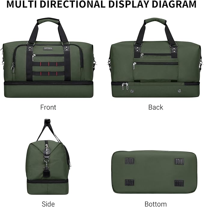 WITZMAN Travel Duffle Bags for Men Weekender Bags with Toiletry Bag Sets Carry On Overnight Bag 55L （B696 Army Green）