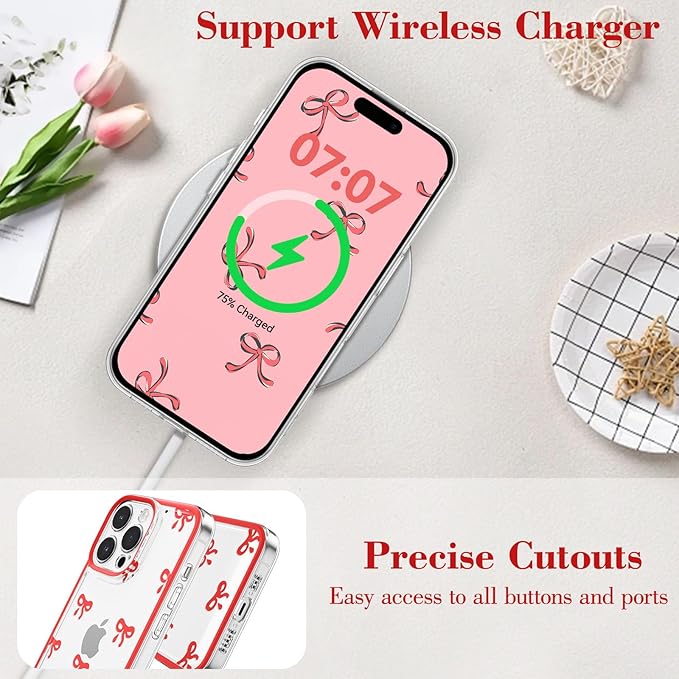 EYZUTAK Case for iPhone 16 Pro Max, Clear Cute Ribbon Bowknot Pattern Aesthetic Transparent Phone Case Raised Camera Protection Stylish Slim Soft Durable TPU Protective Cover for Women Girls - Red