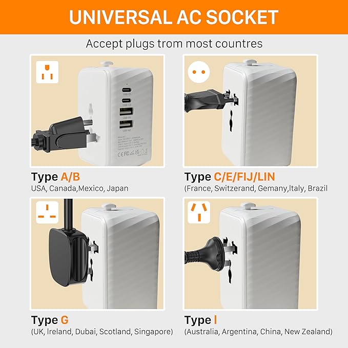 Universal Travel Plug Adapter Worldwide with 2 USB C and 2 USB A Ports, Travel Accessories Travel Charger International Travel Adapter Plug Travel Essentials USA to UK Europe Australia (White, 17W)