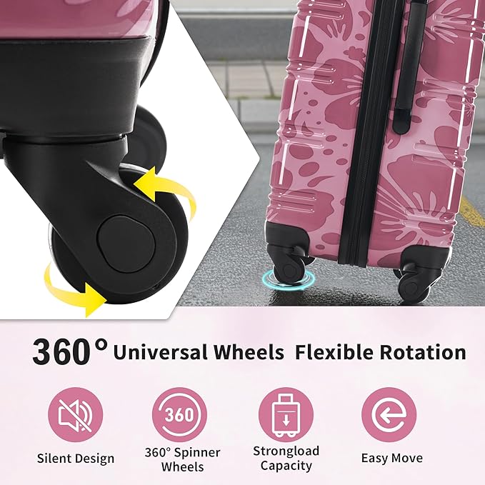 Merax Luggage Sets 3 Piece, Hardside Suitcase Set with Spinner Wheels, Lightweight Printing Luggage Carry on,20+24+28 IN,Purple Pink