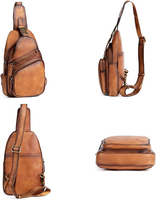 Genuine Leather Sling Bag for Men Women Backpack Chest Shoulder Satchel Crossbody Bags Casual Outdoor Daypack