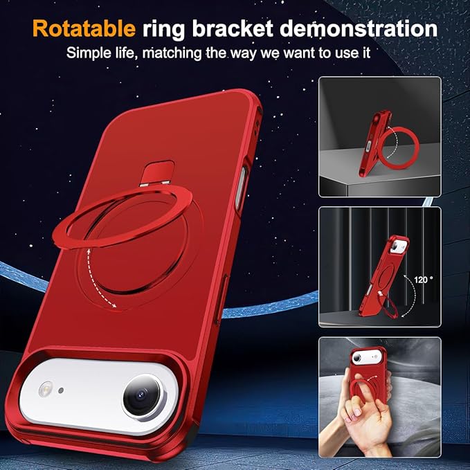 Compatible with iPhone 17 Air Case with Invisible Magnetic O-Ring Stand Military-Grade Phone Case for iPhone 17 Air 6.5" [Compatible with Mag-Safe][Great Grip Feeling], Red