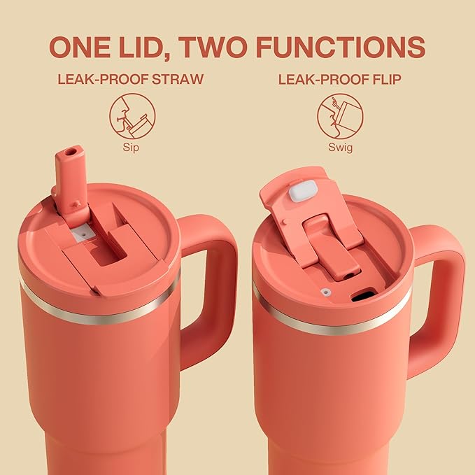 40 oz Tumbler with Handle and Straw: Stainless Steel Insulated Tumbler Keeps Cold for 24 Hours, Leakproof Travel Cup Fits in Cup Holder and BPA-Free, Tawny Orange