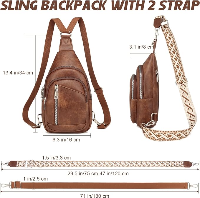 Sling Bag Crossbody Backpack - 2 in 1 Leather Cross Body Bag Fanny Pack with 2 Removable Straps