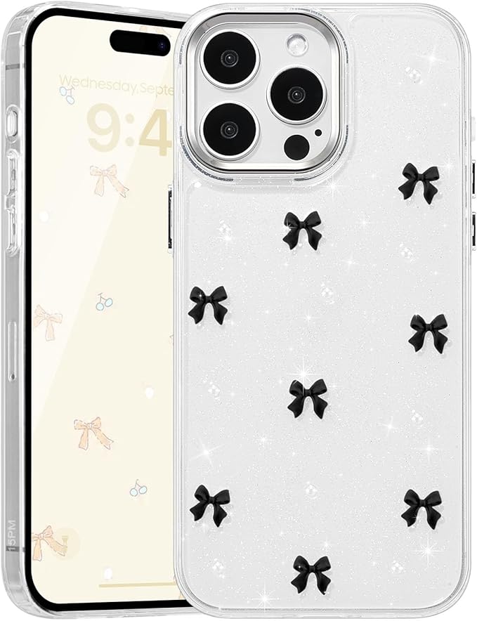 EYZUTAK Case for iPhone 15 Pro Max, Bling Glitter 3D Bowknot Phone Case Cute Sparkly Crystal Clear Bow Aesthetic Design Case Slim Soft Durable TPU Transparent Protective Cover for Women Girl-Black Bow