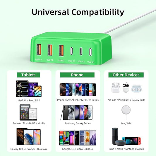 USB C Charger Block, 100W GaN 6 Port PD USB C QC USB A Wall Charger Adapter Plug Cube, Super Fast Type C Charging Station Hub for iPhone 16 15 14 13 12 Pro Max iPad Samsung Pixel 5ft Extension Cord