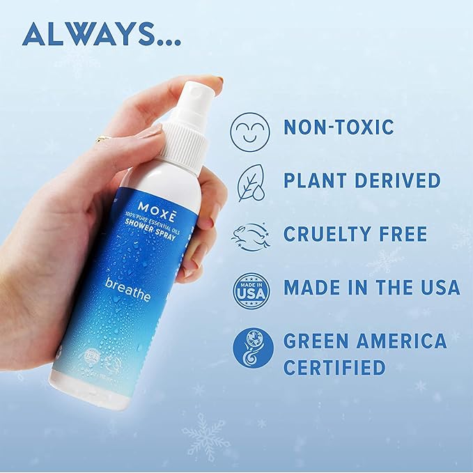 MOXE Shower Mist, Spa Steam Spray, Certified Natural Essential Oils, Aromatherapy, Tension Relief (Breathe, 4 Fl Oz (Pack of 2))