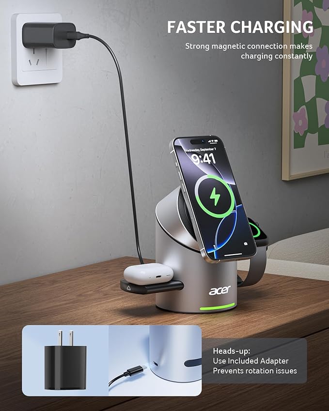 Acer 3 in 1 Charging Station for Apple - Qi2 15W iPhone Wireless Charging Station, Magsafe Charger Stand for iPhone 16 15 14 13 12 - Apple Watch - Airpods Series (Charger & USB-C Included)