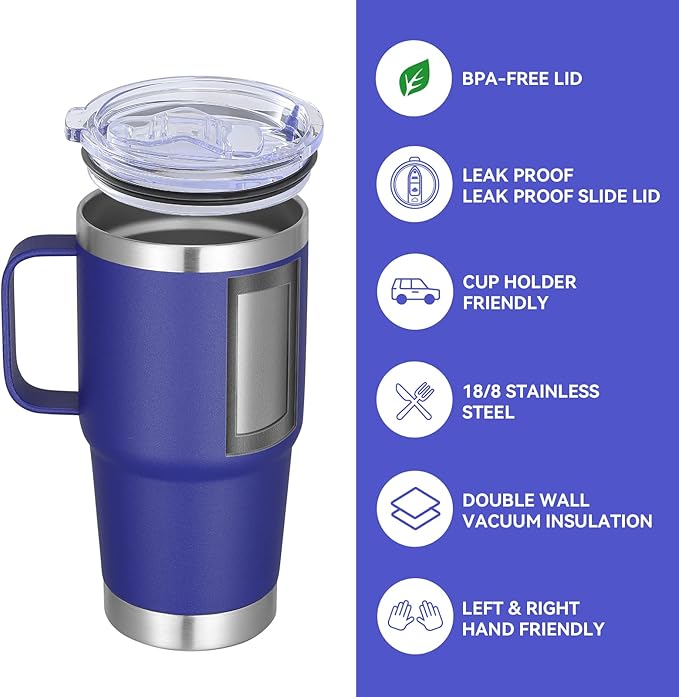 VEGOND 20 oz Tumbler with Handle Lid and Straw, Stainless Steel Insulated Travel Coffee Mug Spill Proof Double Wall Metal Tumbler Cup Keeps Drink Hot and Cold, Royal Blue 1 Pack