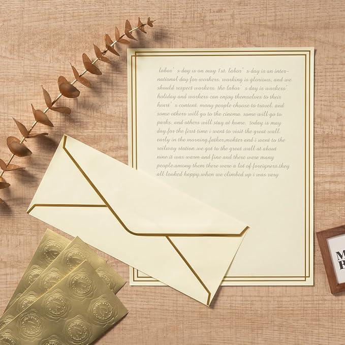 50 Pack Stationery Set with Gold Border, #10 Business Envelopes and 8.5x11 Paper Sheets and Stickers for Writing Letters (Cream Color, 8.5x11 Inches)