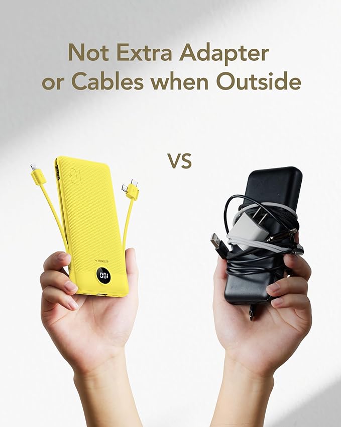 VEGER Portable Charger with Built-in AC Plug and Cables, All in One 10000mAh Ultra-Slim Power Bank, 15W Fast Charging for iPhone, Samsung, Android, Travel Essential (Yellow)