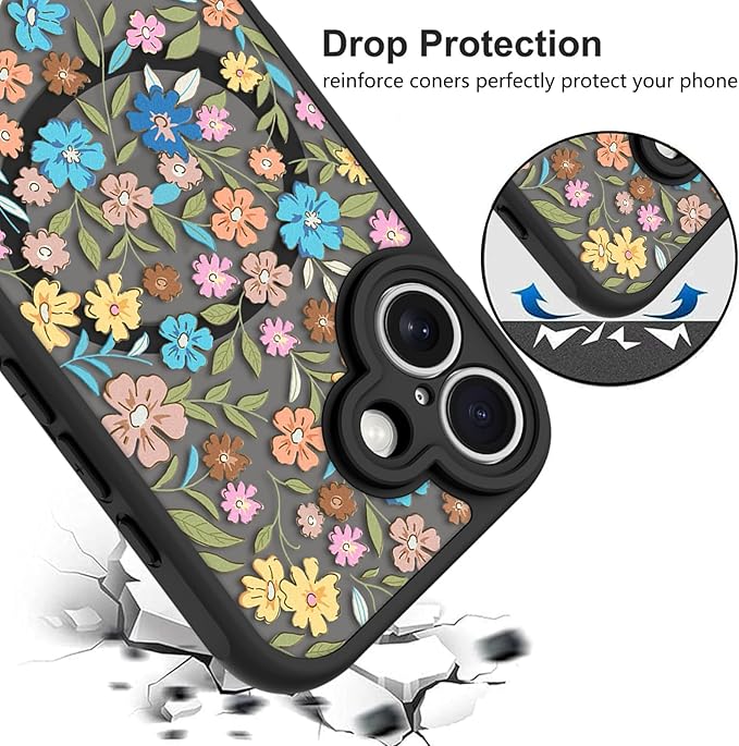 KANGHAR Case Compatible with iPhone 16 Flower Pattern [Compatible with Magsafe] Cute Colorful Blooming Florals Protective Magnetic Case for Girls Women 6.1"