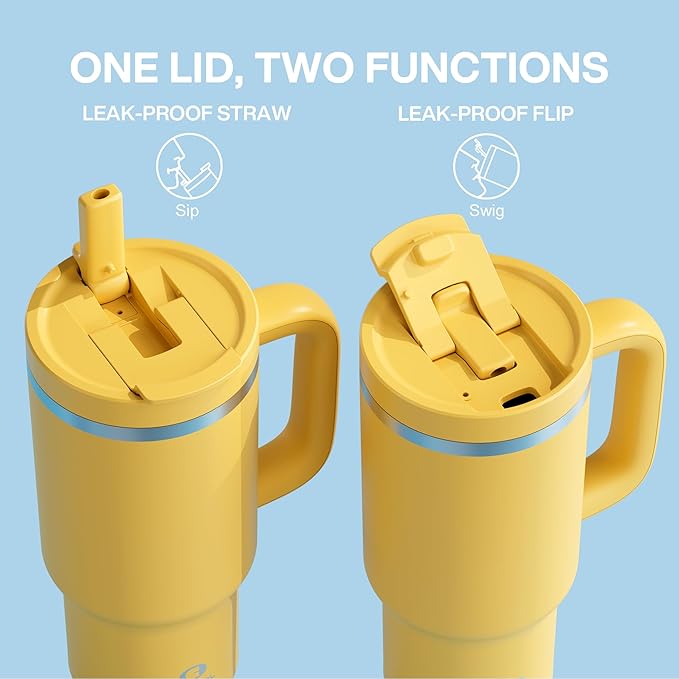 32 oz Tumbler with Handle and Straw: Stainless Steel Insulated Tumbler Keeps Cold for 24 Hours, Leakproof Travel Cup Fits in Cup Holder and BPA-Free, Elfin Yellow