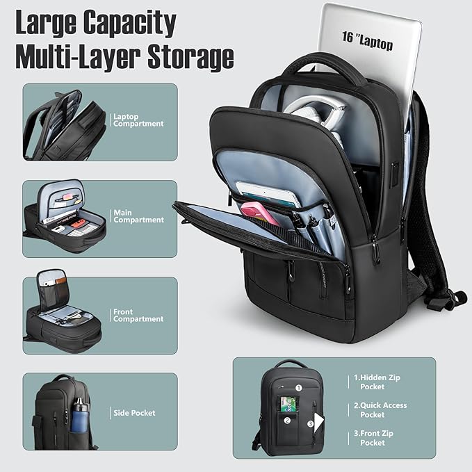 Laptop Backpack for Men, 16 Inch Travel Business Backpack with USB Charging Port, Anti Theft Commuter Work backpack, Water Resistant Computer Bag Bookbag for College Weekender, Black