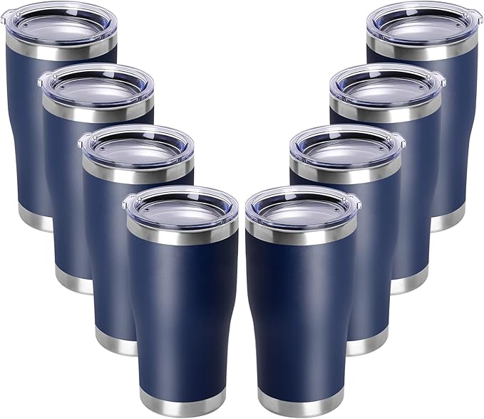 DOMICARE 20oz Tumbler with Lid Stainless Steel Tumblers Bulk, Double Wall Vacuum Insulated Coffee Travel Mug Powder Coated Tumbler, 8 Pack Navy