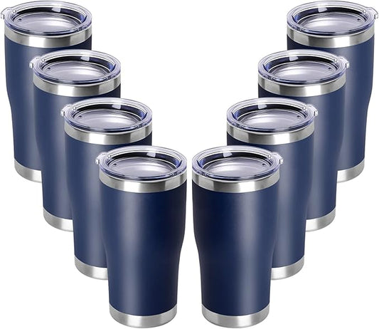 DOMICARE 20oz Tumbler with Lid Stainless Steel Tumblers Bulk, Double Wall Vacuum Insulated Coffee Travel Mug Powder Coated Tumbler, 8 Pack Navy