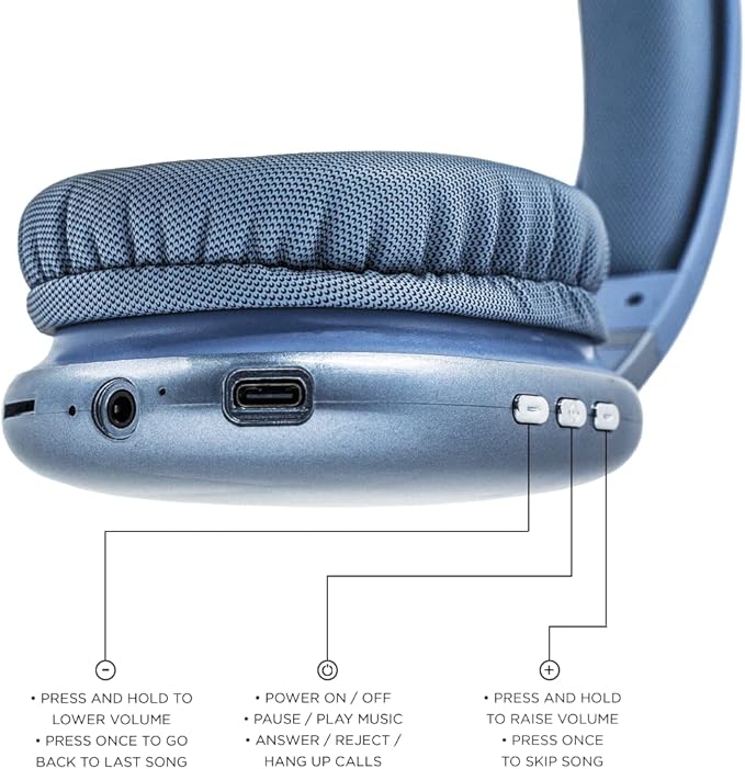 iJoy Ultra Wireless Headphones with Microphone- Rechargeable Over Ear Wireless Bluetooth Headphones with 10Hr Playtime, SD Slot, Backup Wire- Soft Cushion Wireless Headset with Mic (Blue)