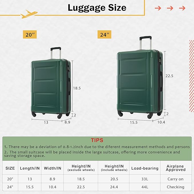 Merax Luggage Set 2 Piece Suitcase Sets with Spinner Wheel,Lightweight Hardside Expandable Travel Laggage with TSA Lock,Suitcase with Travel Bag(20"/24",Green)
