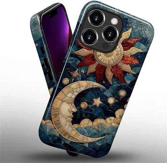 Case for iPhone 13 Pro Max Case,Sun Moon Stars Faux Stained Glass Design Hybrid Dual Protection Silicone + Hard PC Shockproof Full Body Cover,Slim Anti-Scratch Protective for Men Women
