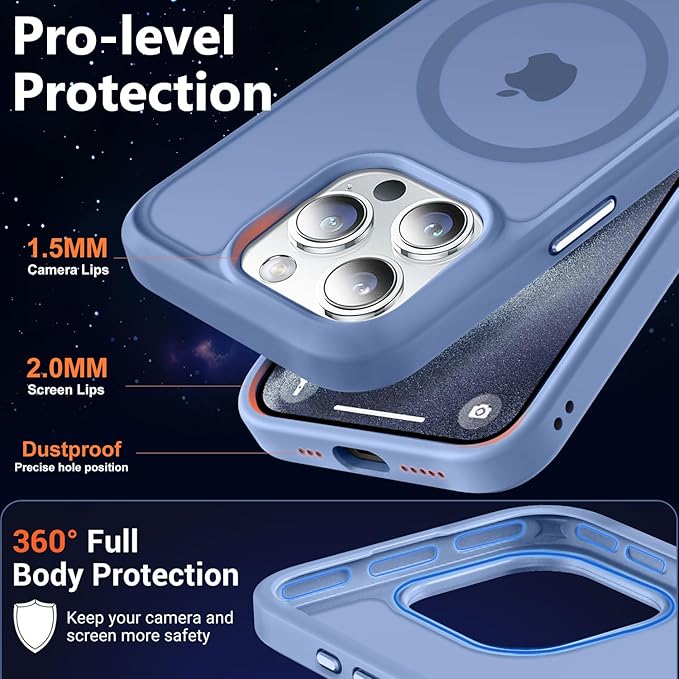 MOCCA Strong Magnetic for iPhone 15 Pro Case, [Compatible with Magsafe][13FT Military Drop Protection] Slim Translucent Matte Shockproof Case for iPhone 15 Pro Phone Case 6.1'', Blue