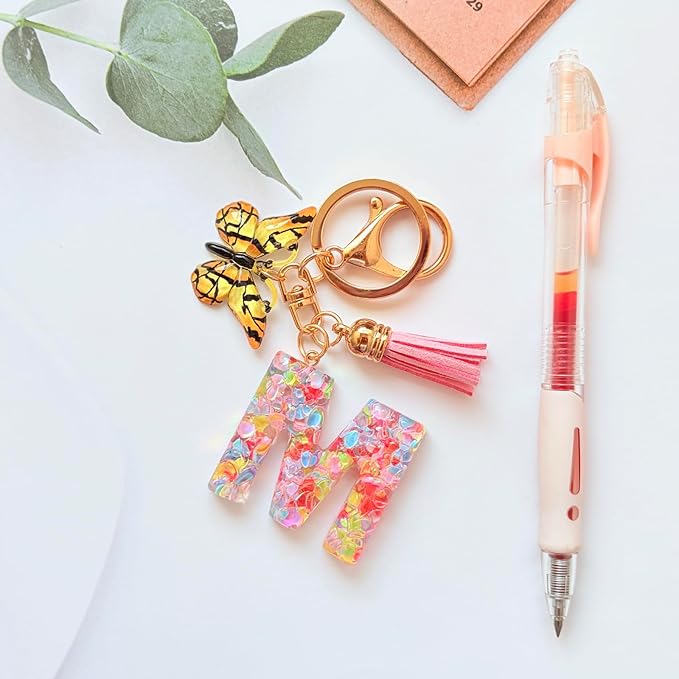 Cute Initial Letter Keychains for Girls Women with Tassel Butterfly Colourful Alphabet Keychain for Backpacks