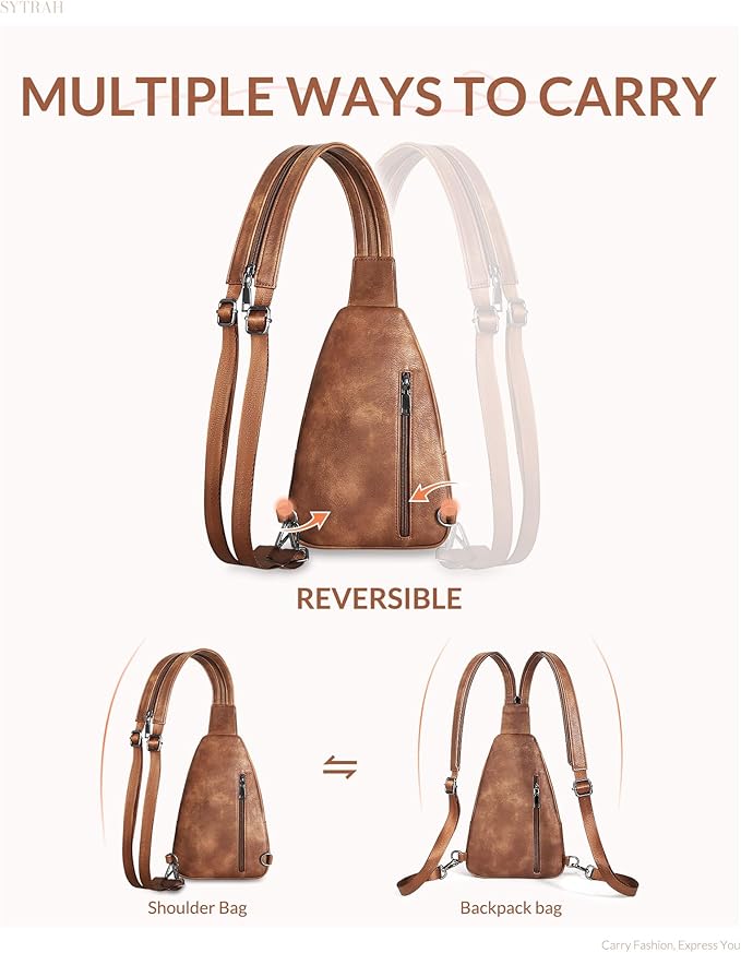 Sling Bag for Women, Crossbody Bags for Women Trendy Crossbody purse Vegan Leather Sling Backpack Chest Bag with Dual Purpose Strap, Mocha Brown