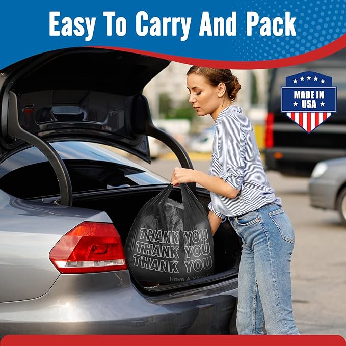 Fuxury 500 Count - Thank You Plastic Tshirt Bags Black (11.5" x 6.5" x 21"), T-shirt, Grocery, Take Out, To Go, Retail Shopping Bags in Bulk for Small Business