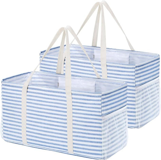 Lifewit Extra Large Tote Bag, Reusable Grocery Bags with Metal Wire Frame and Handles, Standing Utility Foldable Shopping Bags for Storage, Picnics, Beach, Pool, Laundry, Car, Camping 2 Packs 46L Blue