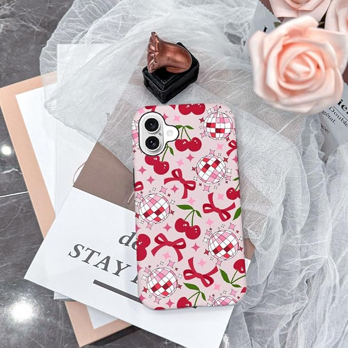 DAIZAG Case Compatible with for iPhone 16,Cute Pink Cherry Disco Ribbon Star Phone Case for iPhone 16 for Girl Women Boy Men