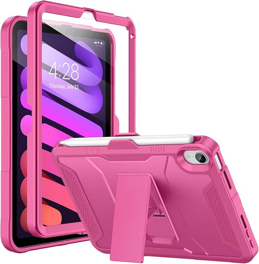 Soke Case for iPad Mini 7 (A17 Pro) 2024/ Mini 6 2021 8.3 Inch,with Built-in Screen Protector and Kickstand, Rugged Full-Body Protective Cover for Apple iPad Mini 7th/6th Generation - Hot Pink