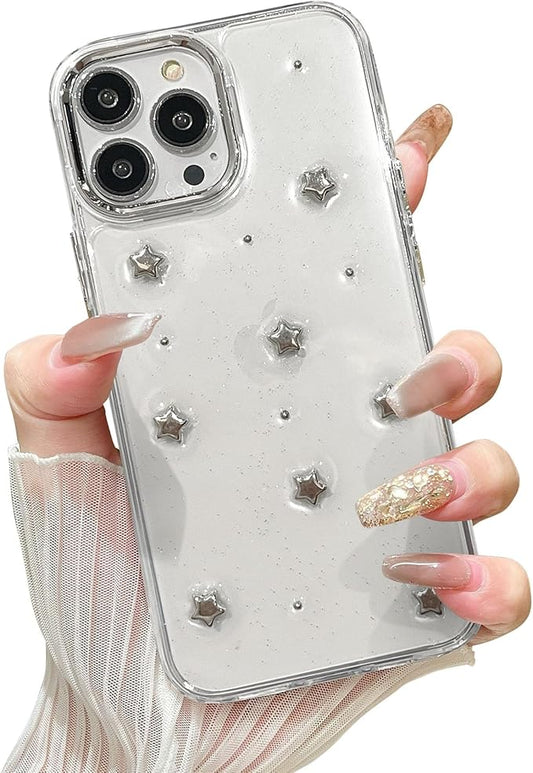 EYZUTAK Case for iPhone 13 Pro, Bling Glitter 3D Stars Phone Case Cute Sparkly Crystal Clear Star Aesthetic Design Case Slim Soft Durable TPU Transparent Protective Cover for Women Girls - Star