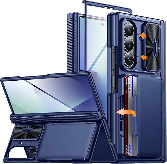 CENMASO for Samsung Galaxy Z Fold 7 Case with Card Holder [RFID Blocking] Camera Cover, Hinge Protection, Hidden Kickstand, Screen Protector, Slim Shockproof Phone Case for Galaxy Z Fold 7-Blue