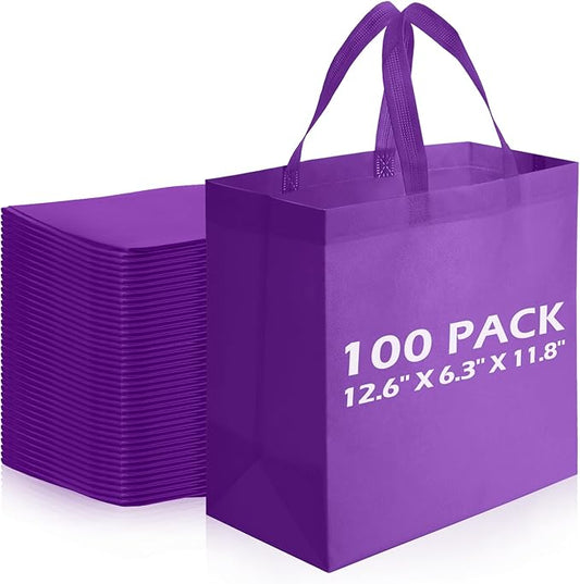 Reginary Reusable Totes Bags - 100 Pcs Non Woven Grocery Handle Bags for Shop Events & Retail Store(Purple)