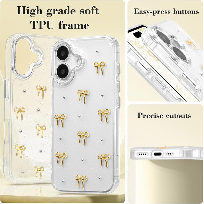EYZUTAK Case for iPhone 16 Plus, Bling Glitter 3D Bowknot Phone Case Cute Sparkly Crystal Clear Bow Aesthetic Design Case Slim Soft Durable TPU Transparent Protective Cover for Women Girls - Gold Bow
