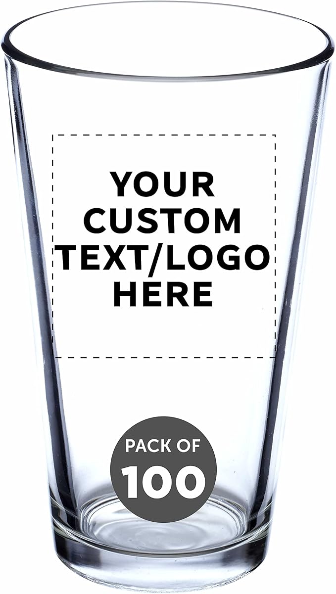 Custom Libbey Pint Glass 16 oz. Set of 100, Personalized Bulk Pack - Beer Glasses, Heavy Duty Drinkware - Clear