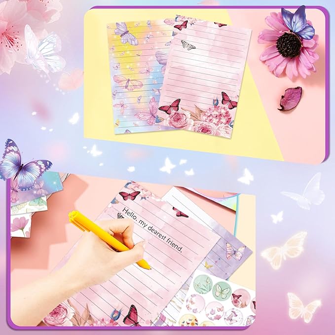 160 Pcs Stationery Paper Envelopes Set Includes 50 Lined Writing Paper & 50 Envelopes with 60 Colorful Round Dot Stickers, Cute Vintage Butterfly Letter Writing and Stationery Paper Envelopes(10Style)