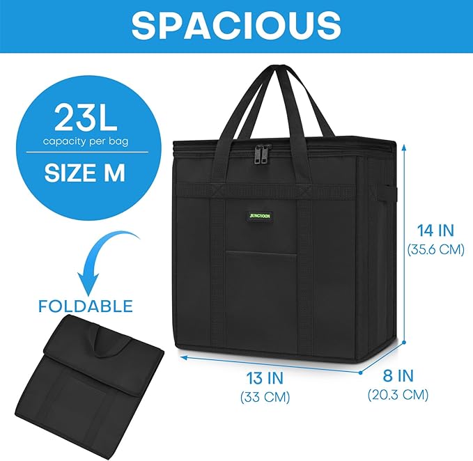 JUNGYOON 2-Pack Heavy-Duty Insulated Grocery Bags & Picnic Basket – Collapsible Cooler Bag with Zippered Top | Reusable Shopping Bags for Groceries, Picnics, Easy Storage(M Black)
