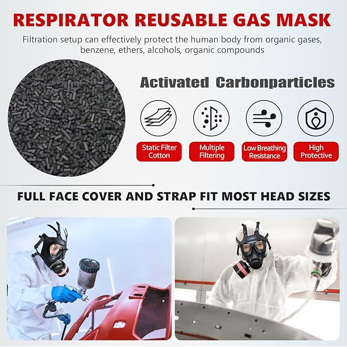 Full Face Respirator Reusable Gas Mask, Survival Nuclear and Chemical Gas Masks with 40mm Activated Carbon Filter in Vapor, Chemical, Gas, Paint Spary, Woodworking and Other Work Protection