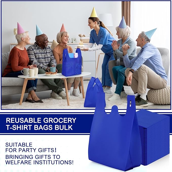 Windyun Large Grocery T-shirt Bags Bulk Reusable Non Woven Shopping Bag Foldable Gift Tote with Handle, 21x11x6 Inch