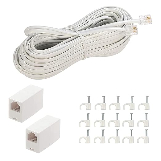 LanSenSu Phone Extension Cord33 Ft, Phone Cord ，Telephone Cable with Standard RJ11Plug and 2 in-Line Couplers and 15 Cable Clip Holders, White (White, 33 Feet)