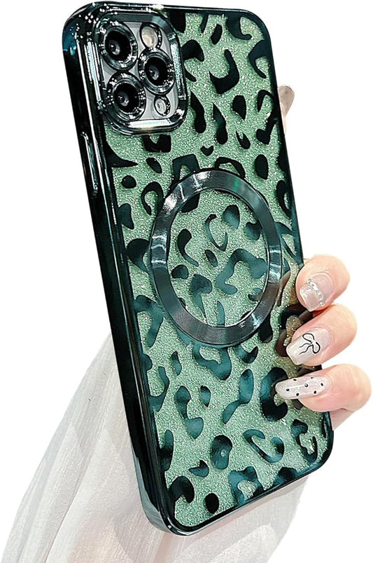 for iPhone 11 Pro Max Case Magnetic,Soft Cute Luxury Leopard Cheetah Pattern Plating Glitter Bling Phone Case Compatible with MagSafe Clear Shockproof Back Cover for Women Girl 6.5"-Green