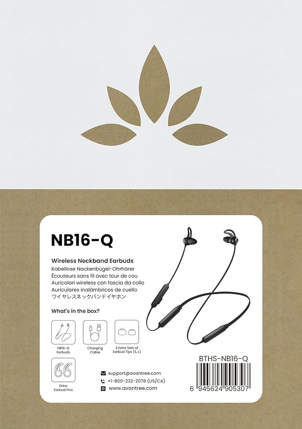 Avantree NB16-Q - Bluetooth 5.2 Neckband Earbuds with Qualcomm aptX Adaptive, 20hrs Play time, Universal Comfortable & Secure Headphones for Phones, Smart TVs, and PCs