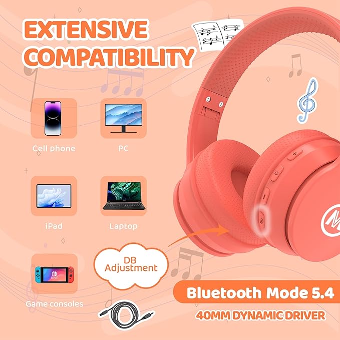 Headphones Kids Bluetooth 5.4 Wireless Play Time 68H Safe Volume Limit 85/94dB Over-Ear Foldable Headset,Fast Charging,with Aux Cord Built-in Mic for Toddler Child Pad Study Tablet Coral