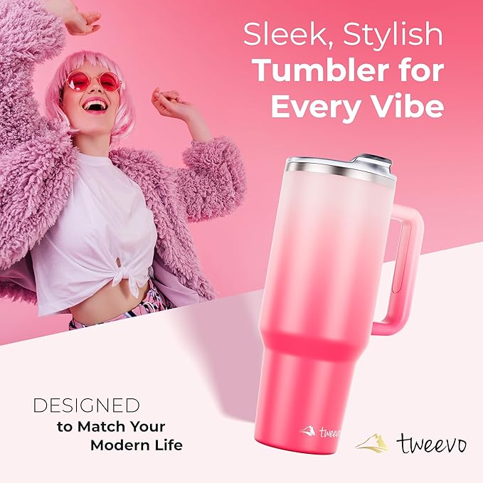 40 oz Tumbler With Handle and Straw Made of Stainless Steel - Double Wall Vacuum Insulated Tumbler With Lid - Sweat Proof Easy Grip, BPA-Free, Dishwasher Safe Tumbler (Misty Pink)