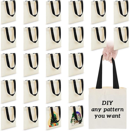 Amylove 24 Pcs Mini Tote Bag Sublimation Blank Canvas Tote Bags Reusable Grocery Luggage DIY Sack Goody for Party Even (8 x 10 Inch,Natural with Black Handle)